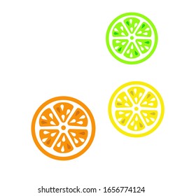 Isolated image of slices of orange, lemon and lime on a white background. Colors - orange, yellow, green. Vector. Suitable for packaging, napkins, menus, presentations, backgrounds.