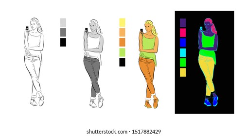 Isolated image of a standing woman with a phone. Vector illustration of a girl.