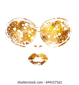 Isolated image - Stylized golden image of a Elegantly beautiful woman with glasses. A symbol of luxurious life. T-shirt print, poster or postcard.