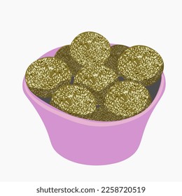 isolated image of sweet balls with coconut sprinkling in a bowl. vegan raw food date and peanut candies.color vector illustration in flat style.