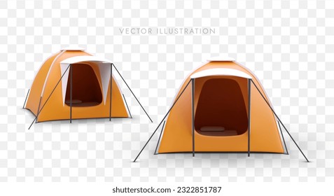 Isolated image of tents. Cozy mobile tourist house with supports and stretchers. Sheltered camping sleeping place. Easy setup. 3D illustration. Active recreation in nature