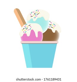 An isolated image of three balls of ice cream in a blue cup. Ice cream topped with topping and sprinkled with sweet topping.Logo for printing on postcards, fabrics, kiosk design with ice cream. Vector