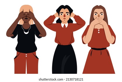 Imagen aislada de tres personajes femeninos que ilustran el dicho: no ver mal, no oír mal, no hablar mal. Mujer con ojos cerrados, orejas y boca sobre fondo blanco. Ilustración vectorial.