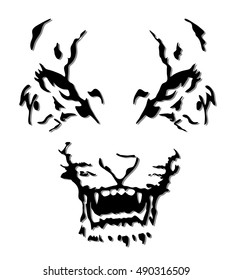 Isolated image of a tiger on a white background. Abstract illustration of a tiger, suitable for tattoos, printing on clothing, dishes and web. Drawing a large evil and hungry cat. Black and white