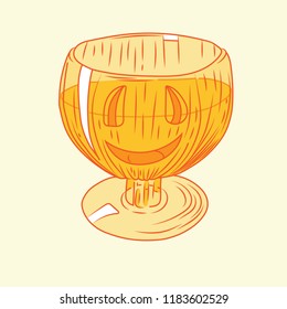 Isolated image of a transparent glass with pumpkin juice. On the glass is painted a smiling face