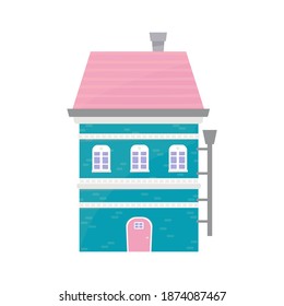 Isolated image of a two-story house. A dwelling with a chimney and a drainpipe. Nice bright house. Vector illustration, flat.