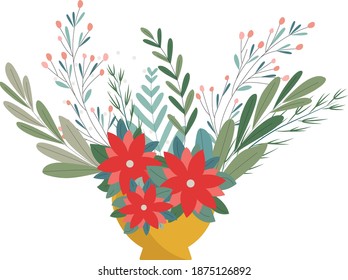  isolated image, winter bouquet, pot, vase, tree branches, eucalyptus leaves, poinsettia flowers, berries. For greeting cards and flower delivery advertising.Vector illustration.