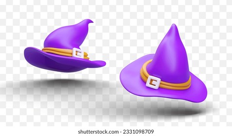 Imagen aislada del sombrero de bruja. Sombrero vectorial púrpura. Símbolo de magia y hechicería. Accesorio para fiesta temática, fiesta de Halloween. Concepto de tienda de disfraces