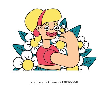 Isolated image of a woman with a raised hand among the flowers. Cute cartoon character of a woman showing a strong stance on a white background. Vector illustration.