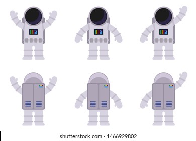 Isolated images of an astronaut in different poses, from the front and back. Vector flat illustration