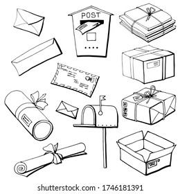Isolated images of different items of  delivery of parcels and letters were made manually using graphic technologies.