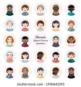 Imágenes aisladas en un estilo plano sobre un fondo blanco de mujeres operadoras del Servicio de Apoyo con auriculares. Diferentes razas y colores de piel. Niñas con el pelo abierto y con el hijab.