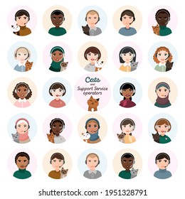 Isolated images in a flat style on a white background of Male and female support service operators with cats and headset. Different races and skin colors. Girls with open hair and wearing a hijab.