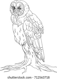 Isolated images of an owl sitting on a wood. Coloring page.