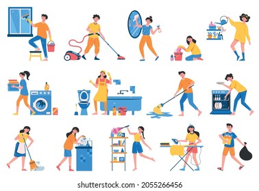 Isolated images of people cleaning their homes taking out the trash and washing their clothes flat vector illustration