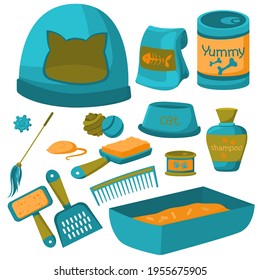 Isolated images of pet grooming accessories with brushes for dogs and cats and canned food, pet food vector illustration.