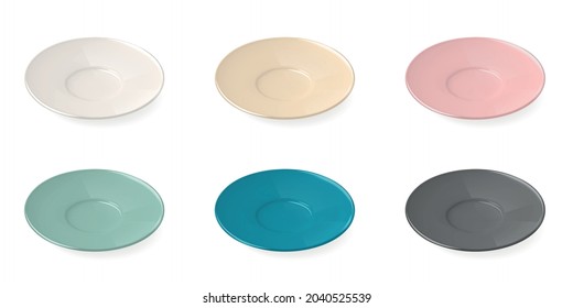 Isolated images of six plates of pastel colors in the same projections realistic vector illustration