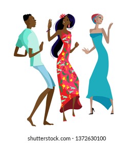  Isolated images of three dancing young people in bright clothes.