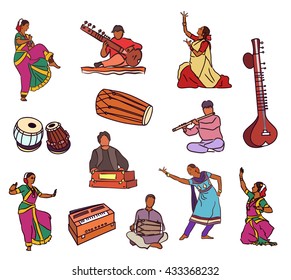 Isolated indian dancers, musicians and instruments . Vector set