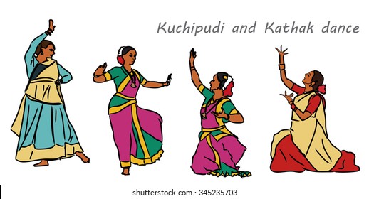 Isolated indian Kuchipudi and Kathak dancers. Vector set