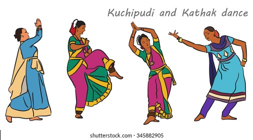 Isolated indian Kuchipudi and Kathak dancers. Vector set