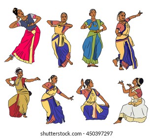 Isolated indian Kuchipudi and Kathak dancers. Vector set
