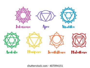 Isolated indian ornamental 7 chakra icons set used in Hinduism, Buddhism and Ayurveda. Vector Sahasrara, Ajna, Vissudha, Anahata, Manipura, Svadhisthana, Muladhara. Color yoga chakra mandalas