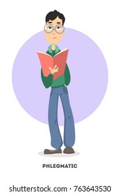 Isolated indifferent phlegmatic man with book on white.