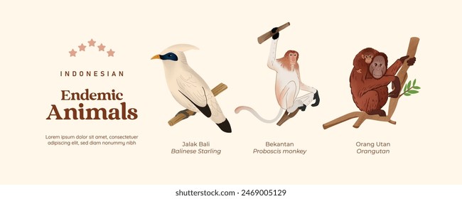 Isolated Indonesian endemic animals illustration cell shaded style