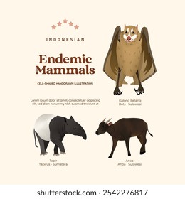 Isolated Indonesian endemic mammals illustration cell shaded style