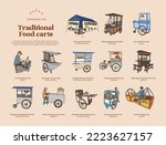 Isolated Indonesian street food, Traditional Food and Drink carts hand drawn illustration