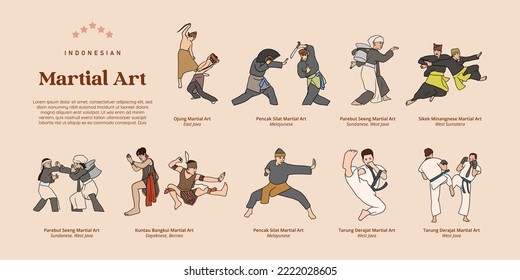 Isolated Indonesian various Martial Art Handdrawn Illustration