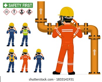 Isolated industrial worker with respirator is operating valve on white background