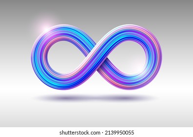 Isolated infinity symbol vector template. Illustration with 3D realistic eternity sign with colored stripes. Colorful wavy volumetric figure eight for logo, branding