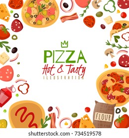 Isolated ingredients for pizza big set located in a frame shape on a white background