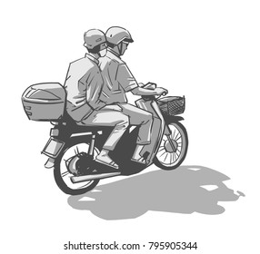 Isolated ink drawing of two people riding motorcycle in black and white grey scale