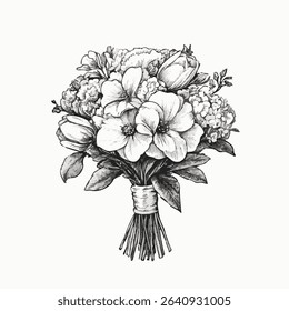 Isolated ink sketch of a floral bouquet with ribbon. Vintage botanical vector clipart drawing.