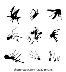 Isolated ink splash collection. Set of grunge and artistic design elements of slashes and wet paint spots. 