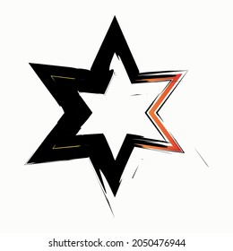Isolated ink star icon. Black and orange frame. Silhouette sign. Hand drawn art. Vector illustration. Stock image. 