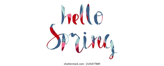 Inscripción aislada "hola primavera" en un fondo blanco. Ilustración de vector plana de resorte colorido.