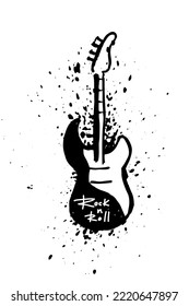 Isolated inscription Rock and roll on the guitar on splashes of black paint. Handwritten phrase for design t-shirt, postcard, prints, stickers or social media. Vector illustration.