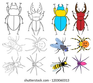 isolated insects beetles, set of sketches, coloring book