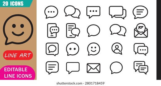 Isolated instant message icons set, 20 editable line art icons set, instant message, chat texting communication, online social media, conversation contact app theme style, clean outline vector