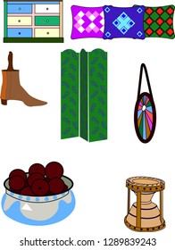 Isolated interior items on a white background. Boho style. Vector icons. Colorful.