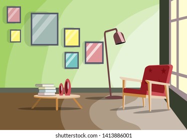 Isolated interior room with window, armchair, paintings and table. Design of rooms in a flat style.