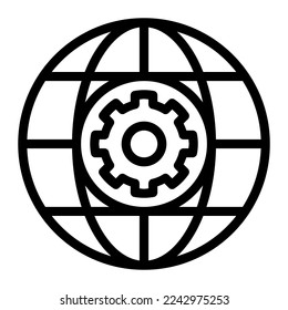 Isolated internet settings in outline icon on white background. Network, globe, cogwheel, options, configuration