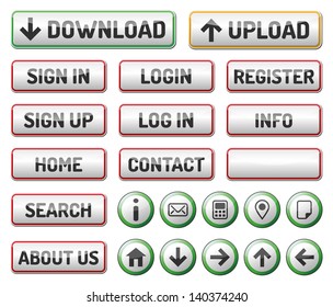 Isolated, Internet Web 2 icon button collection with symbol and text on white background. Blank button for your text.