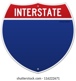 Isolated Interstate Sign - American blue and red motorway road sign on white background