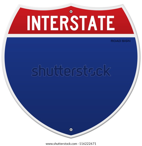 Isolated Interstate Sign - American blue and\
red motorway road sign on white\
background