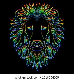 Isolated iridescent outline head of lion on black background. Rainbow line cartoon king of animals portrait. Curve lines. 